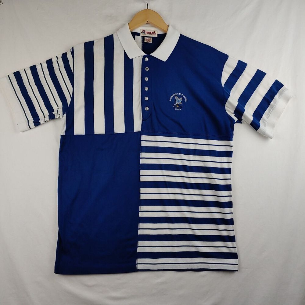 Vintage Antigua Polo Mens M‎ Blue White Stripe Short Sleeve Eisenhower Golf